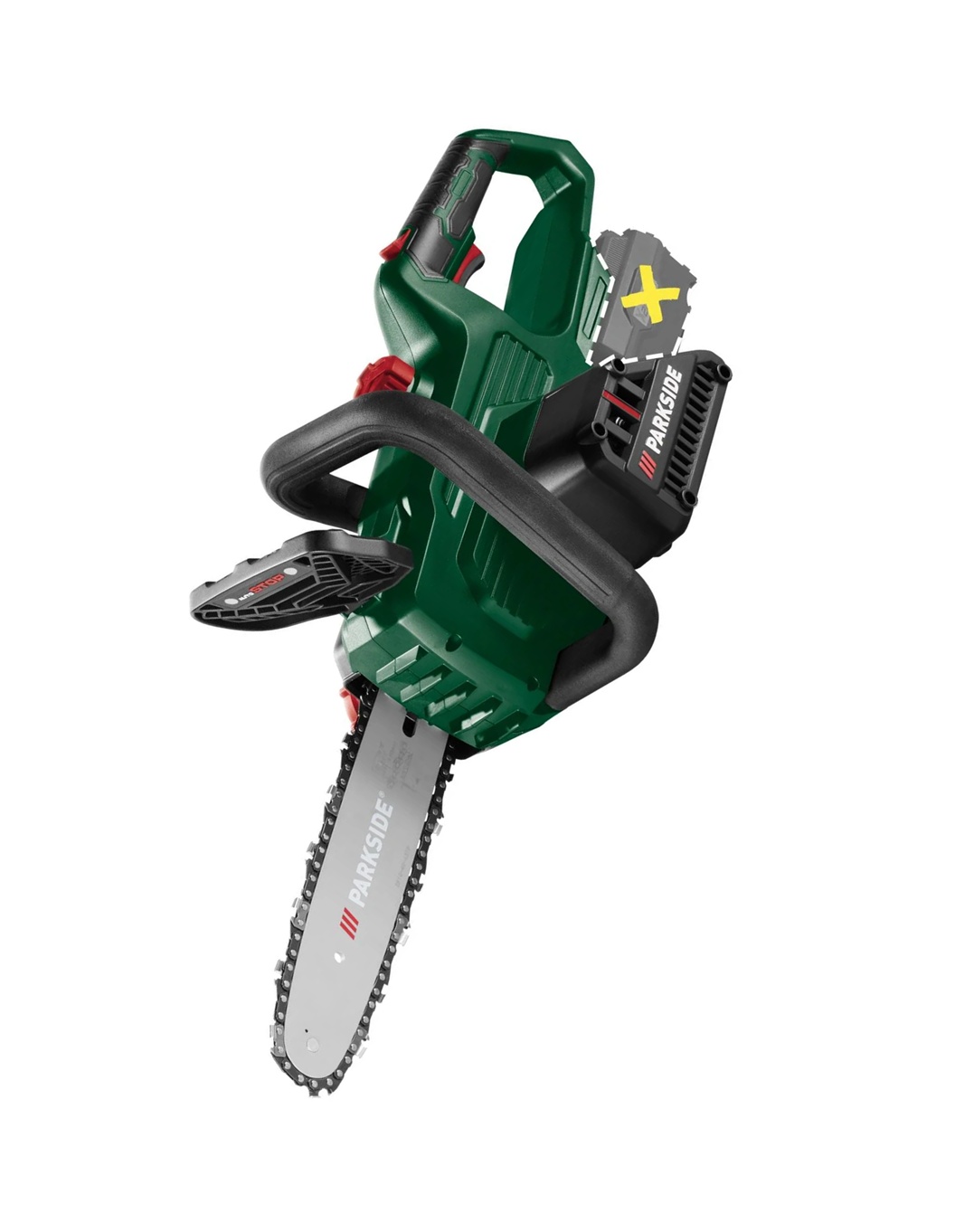Parkside PAKS F5 akkus kézi láncfűrész ágvágás közben.